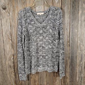 Loft M Women's Marled Stitchy Black White V Neck Sweater